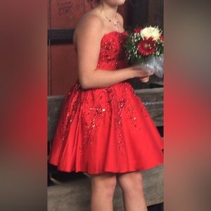 Sherri Hill Formal Strapless Beaded Mini Dress with Flared Skirt in Red